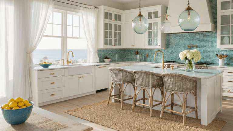Coastal Kitchen Decor: Transform Your Space into a Breezy Seaside Sanctuary Cinematic wide-angle view of a sunlit coastal kitchen featuring white shaker cabinets, seafoam green backsplash, and Carrara marble countertops, adorned with a blue ceramic bowl of lemons, hydrangeas, and a jute rug, all bathed in golden hour light.