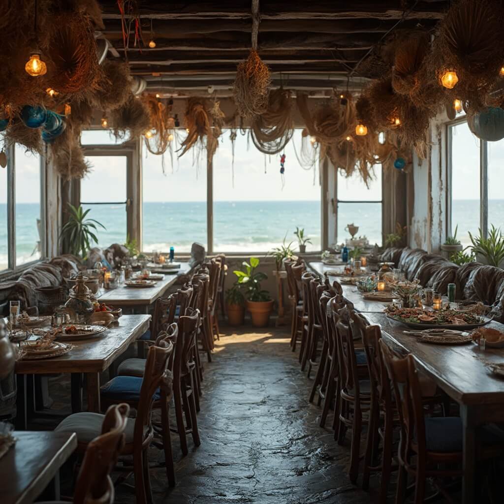 March Magic: Why Jacksonville Beach Is Your Secret Spring Escape (Without the Crowds!) Interior of a rustic seafood restaurant with fishermen's nets, weathered wooden tables, fresh seafood platters, warm lighting, ocean view, and authentic maritime atmosphere