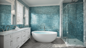 Coastal Bathroom Tile: Transform Your Space into a Serene Seaside Retreat Photorealistic image of a luxurious coastal bathroom featuring a white soaking tub, iridescent glass mosaic tiles, a double vanity with Carrara marble, and an oversized frameless glass shower, all illuminated by natural light.