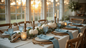 Coastal Thanksgiving Table Setting: Bringing Seaside Serenity to Your Holiday Feast Photorealistic coastal Thanksgiving table setting featuring a 14-foot dining table with ivory linen, seagrass chargers, seafoam blue napkins, and a centerpiece of driftwood, white ceramic pumpkins, and eucalyptus, illuminated by warm natural light.