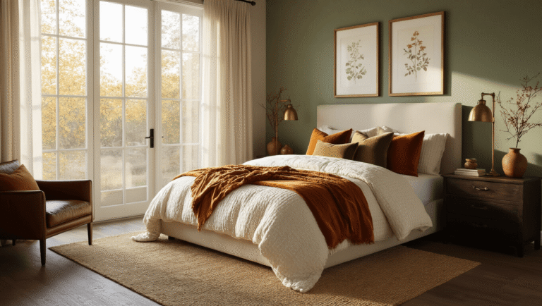 Creating a Cozy Fall Bedroom Retreat: Your Ultimate Styling Guide A luxurious master bedroom during golden hour, featuring a king-size bed with layered textural bedding, warm ambient lighting from a brass floor lamp, and cozy autumn decor against a sage green accent wall, captured in a photorealistic style.