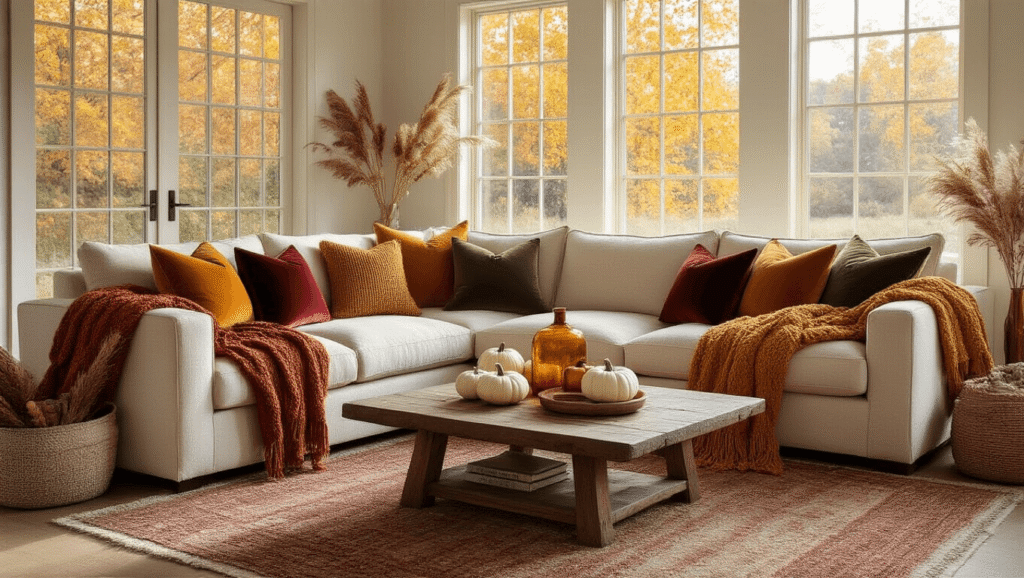 Fall Living Room Decor: Transform Your Space into a Cozy Autumn Sanctuary Cozy autumn living room with a cream sectional sofa, chunky knit throws, velvet pillows, layered rugs, rustic coffee table decor, and warm golden hour light.
