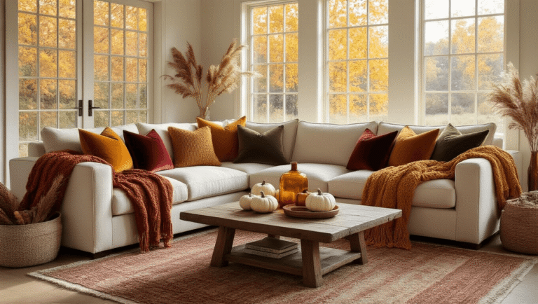 Fall Living Room Decor: Transform Your Space into a Cozy Autumn Sanctuary Cozy autumn living room with a cream sectional sofa, chunky knit throws, velvet pillows, layered rugs, rustic coffee table decor, and warm golden hour light.