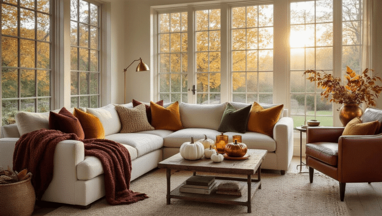 Fall Home Decor: Transform Your Space into a Cozy Autumn Haven A warm, inviting autumn living room featuring a cream sectional sofa with layered textiles, a cognac leather armchair in a cozy nook, and a reclaimed wood coffee table adorned with seasonal decor, all illuminated by golden hour light streaming through large windows.