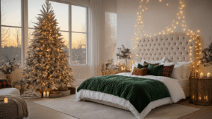 Creating Your Perfect Christmas Bedroom Sanctuary: A Cozy Styling Guide Cinematic wide-angle view of a cozy winter-themed master bedroom with a king-sized bed layered in white and forest green bedding, a decorated Christmas tree, and softly glowing fairy lights, casting an intimate ambiance.