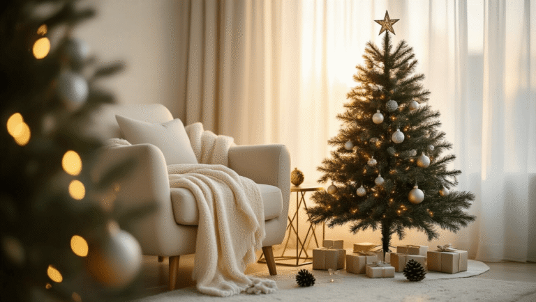 Small Christmas Tree: The Ultimate Compact Holiday Decor Guide Hyperrealistic photograph of a cozy apartment corner featuring a slim Christmas tree adorned with silver and gold ornaments, warm lights, and a star topper, beside a cream armchair and brass side table, with scattered pine cones and gifts, in warm golden hour lighting.