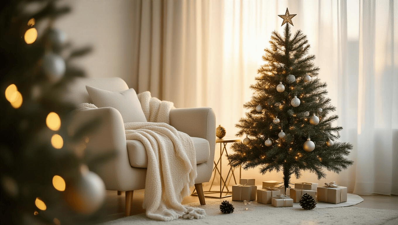 Hyperrealistic photograph of a cozy apartment corner featuring a slim Christmas tree adorned with silver and gold ornaments, warm lights, and a star topper, beside a cream armchair and brass side table, with scattered pine cones and gifts, in warm golden hour lighting.
