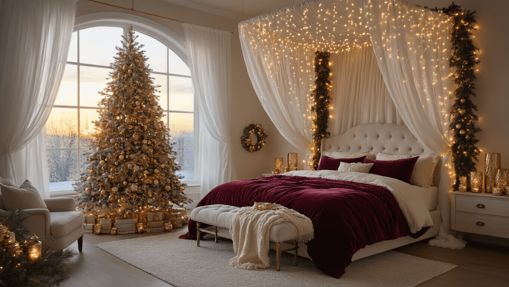 Create a Magical Christmas Bedroom Sanctuary: Your Ultimate Styling Guide Luxurious master bedroom at golden hour, featuring a king-sized bed with burgundy velvet and cream cashmere bedding, warm fairy lights, a flocked Christmas tree with vintage ornaments, and soft sheer curtains, all creating a cozy, magical holiday atmosphere.