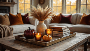Cozy fall coffee table decor with mini ceramic pumpkins, flickering candles, dried flowers, and layered jewel-toned books on a rustic wooden tray, bathed in warm golden hour sunlight.