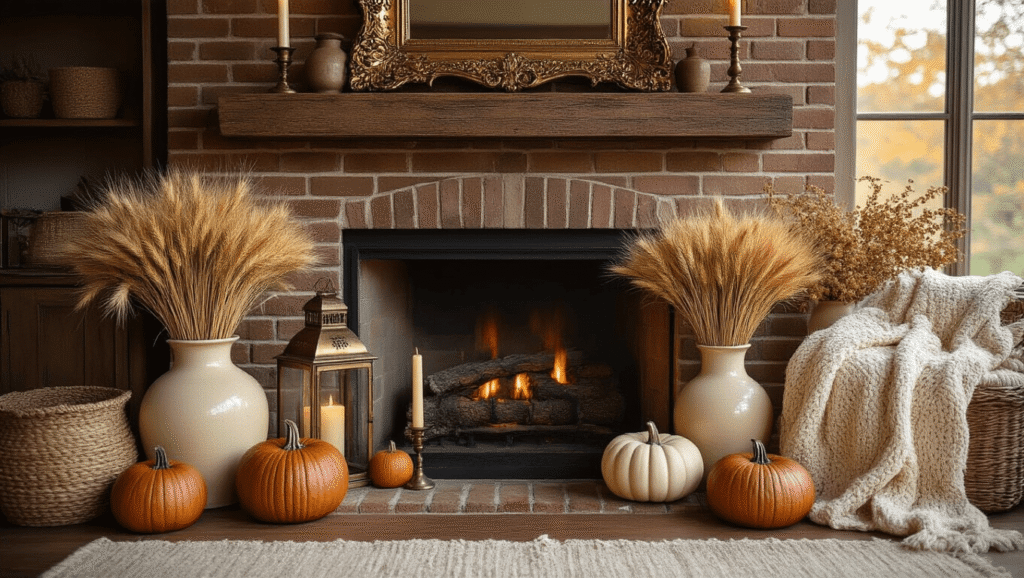 A hyperrealistic photograph of a cozy fall mantel decor featuring a grand brick fireplace, an antiqued gold mirror, weathered copper lanterns, cream vases with dried wheat, artisanal wooden pumpkins, a chunky knit throw, brass candlesticks, seagrass baskets, and a rich color palette, captured in warm golden hour lighting with soft depth of field.