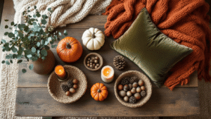 Overhead shot of a rustic wood coffee table styled with cozy fall decor, featuring terracotta throws, ceramic pumpkins, textured pillows, dried eucalyptus, brass candlesticks, and an assortment of acorns and pinecones, all bathed in golden hour lighting.