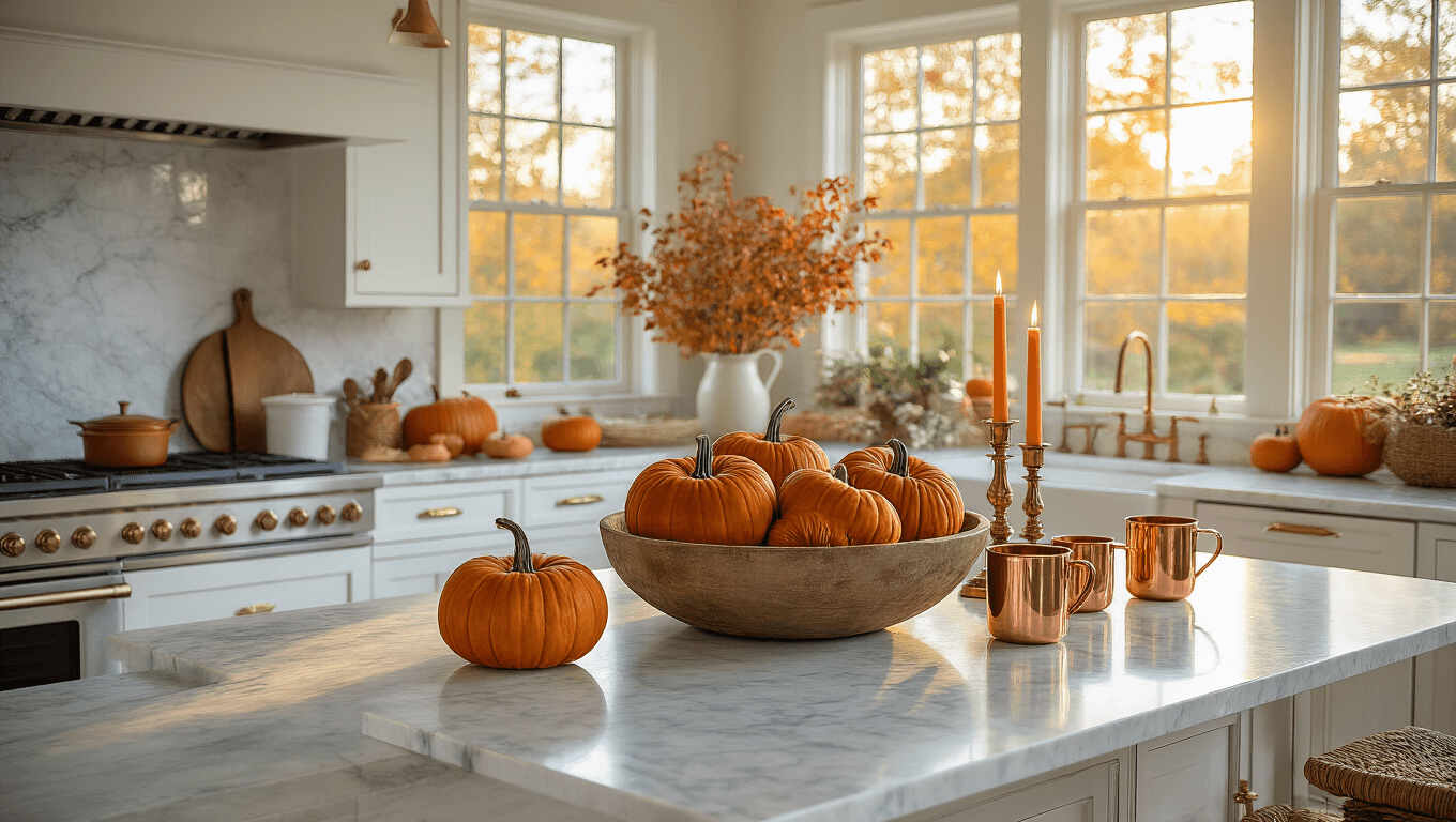 A luxurious farmhouse kitchen adorned for fall, featuring white shaker cabinets, Carrara marble countertops, and a central island with a rustic dough bowl filled with burnt orange and mustard velvet pumpkins, surrounded by copper mugs and brass candlesticks, all bathed in warm golden hour sunlight.