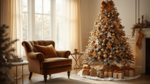Gingerbread Christmas Tree: A Delightful Holiday Decor Guide A cozy living room corner at golden hour, featuring a 7.5ft gingerbread-themed Christmas tree with warm LED lights, plush brown velvet armchair, and vintage brass side table, highlighted by natural sunlight streaming through sheer curtains and creating a soft bokeh effect.
