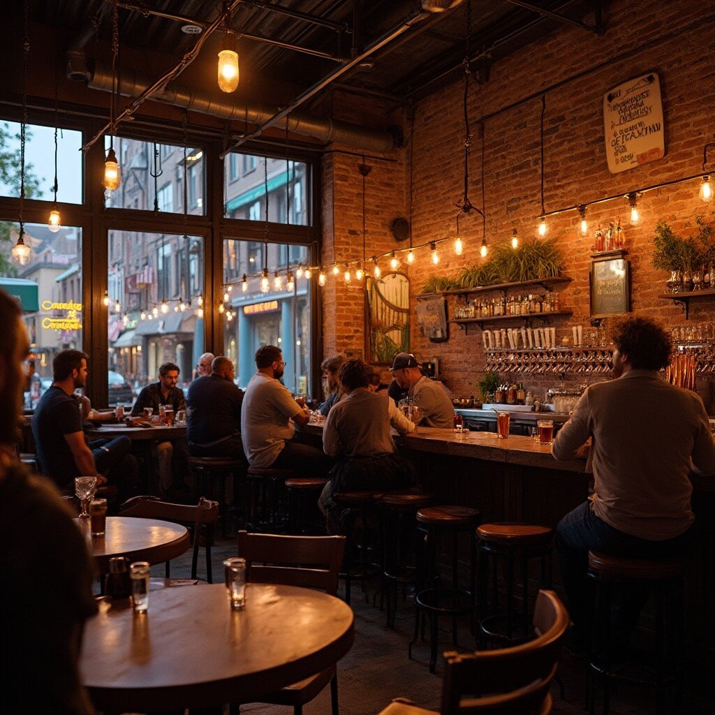 Scorching Sun, Sudden Storms: Your Ultimate Guide to Surviving (and Loving) Lakeland in June Cozy brewpub interior at dusk with warm lighting, brick walls, vintage wooden bar and copper beer taps, patrons at rustic tables with craft beer flights, and views of downtown Lakeland through large windows
