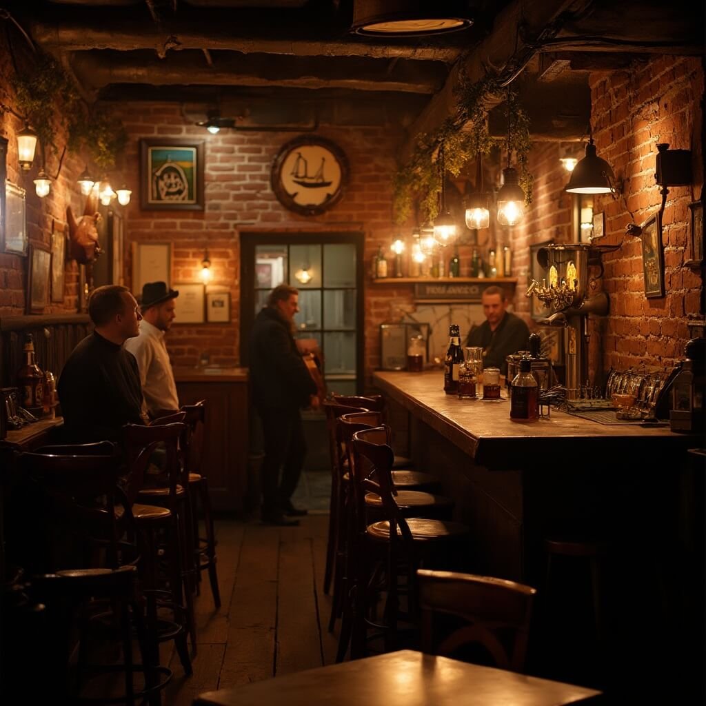 Chill Out in Paradise: Why Jacksonville Beach is Your Secret December Escape Acoustic musician playing in a cozy, maritime-inspired local pub with warm amber lighting, wooden bar with craft beer taps, exposed brick walls, leather bar stools, surrounded by an intimate gathering of locals in a relaxed winter evening ambiance