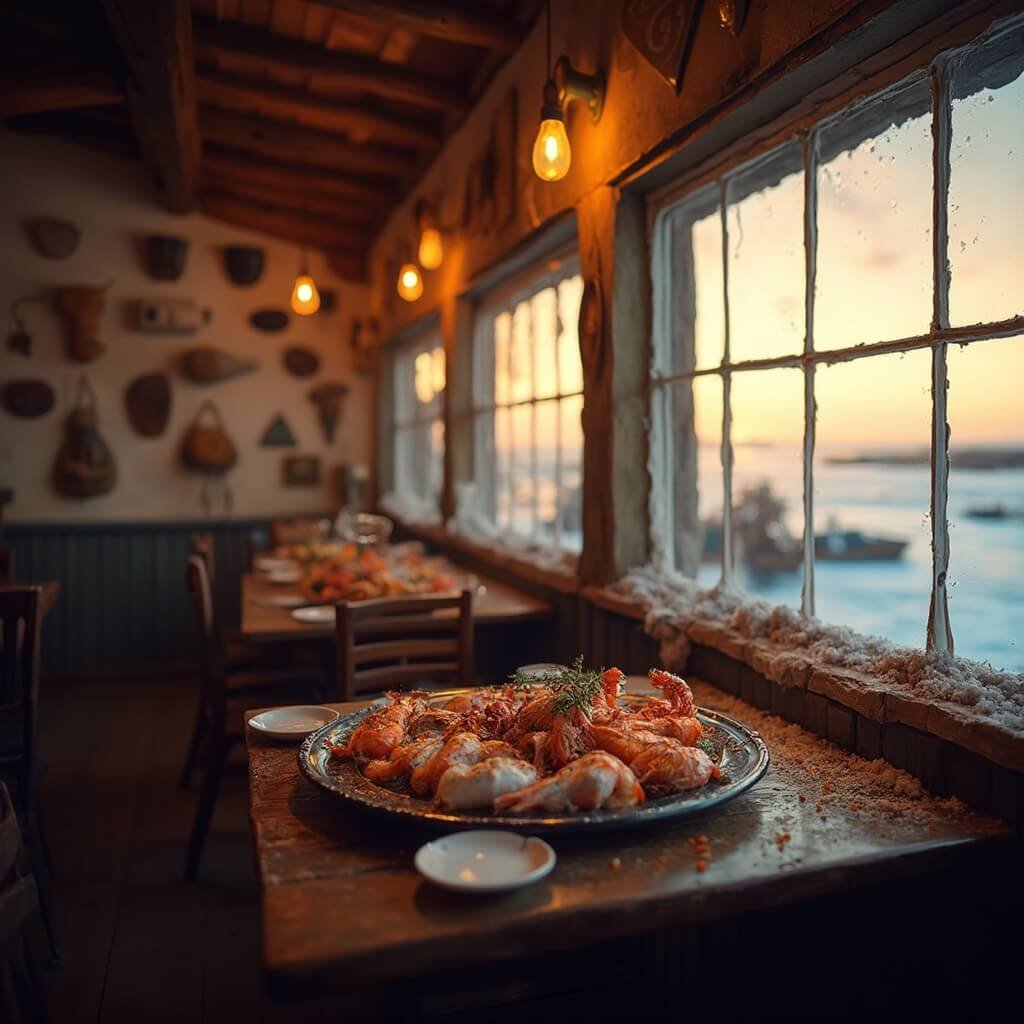 Why Jacksonville Beach in January Might Just Be Your Perfect Winter Escape Cozy local seafood restaurant interior at sunset with rustic wooden tables, fresh seafood platter, fisherman's artifacts on walls, and a stunning winter ocean view through large windows.