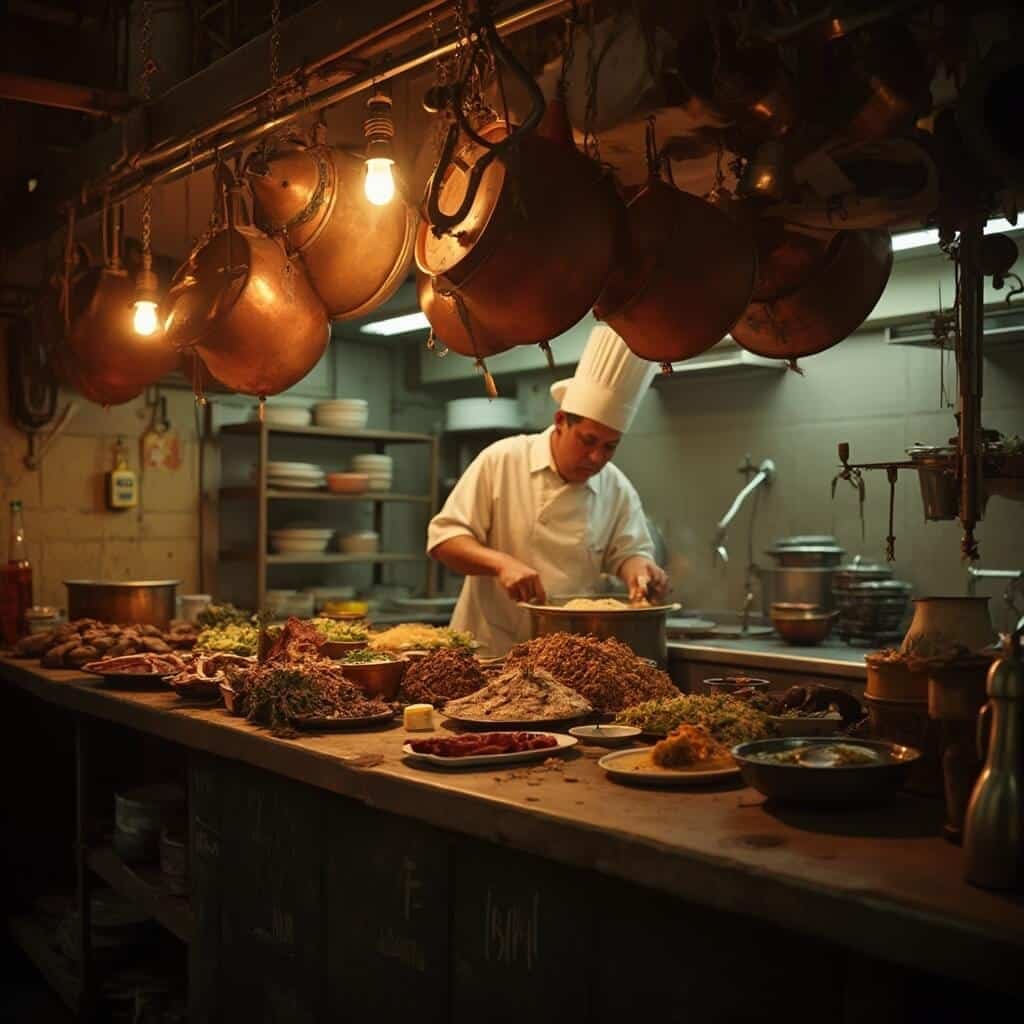 Chef in a Little Havana Cuban restaurant kitchen preparing traditional dishes with vintage copper pots hanging around, showcasing rich cultural details and traditional cooking techniques while ingredients are laid out with precision under warm golden lighting.