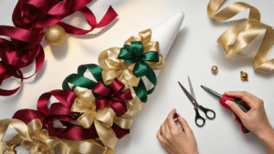 A DIY ribbon Christmas tree setup, featuring luxurious ribbons in burgundy, gold, and green cascading around a foam cone. A hot glue gun and scissors are nearby, as hands pleat a metallic ribbon, with warm lighting creating a cozy atmosphere.