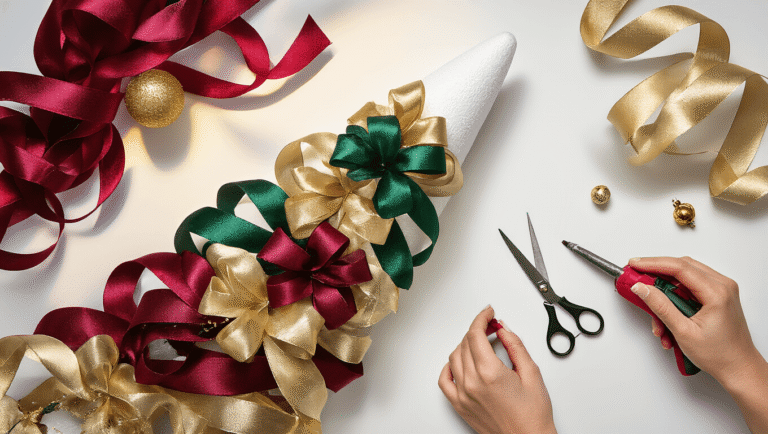 A DIY ribbon Christmas tree setup, featuring luxurious ribbons in burgundy, gold, and green cascading around a foam cone. A hot glue gun and scissors are nearby, as hands pleat a metallic ribbon, with warm lighting creating a cozy atmosphere.