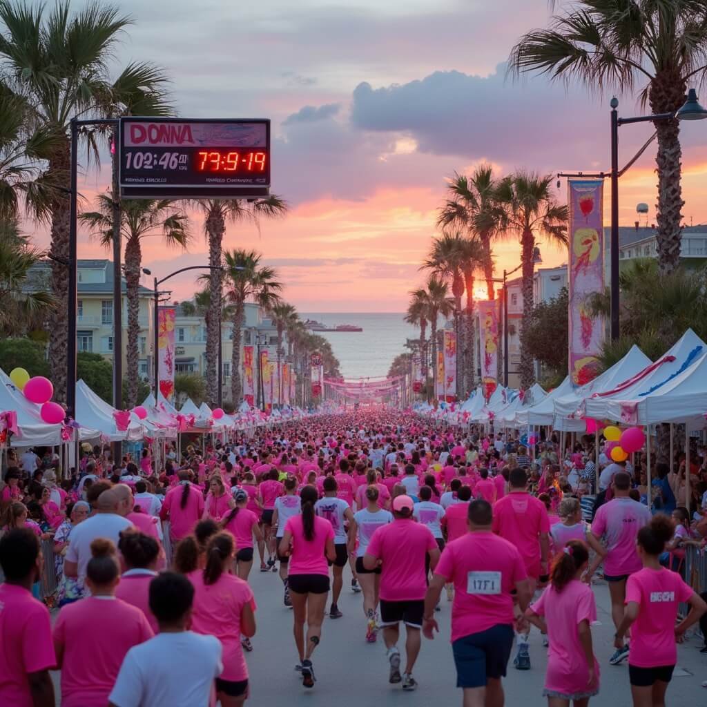 Escape the Frozen North: Why Jacksonville Beach in February is Your Ultimate Winter Retreat Crowd of runners wearing pink at the DONNA Marathon in Jacksonville Beach, with spectators cheering, race banners and balloons along palm-lined street during sunrise, and a race clock showing early morning time in the background.
