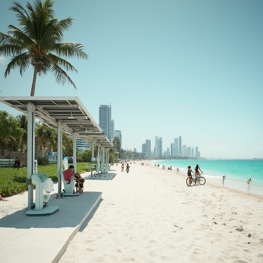 Why South Beach in February is Your Ultimate Winter Escape (Without the Winter Chill!) Sustainable South Beach with solar charging stations, bike-sharing programs, reusable water bottles, white sand, clear turquoise water, lush greenery, and Miami's skyline in eco-friendly aesthetic backdrop.