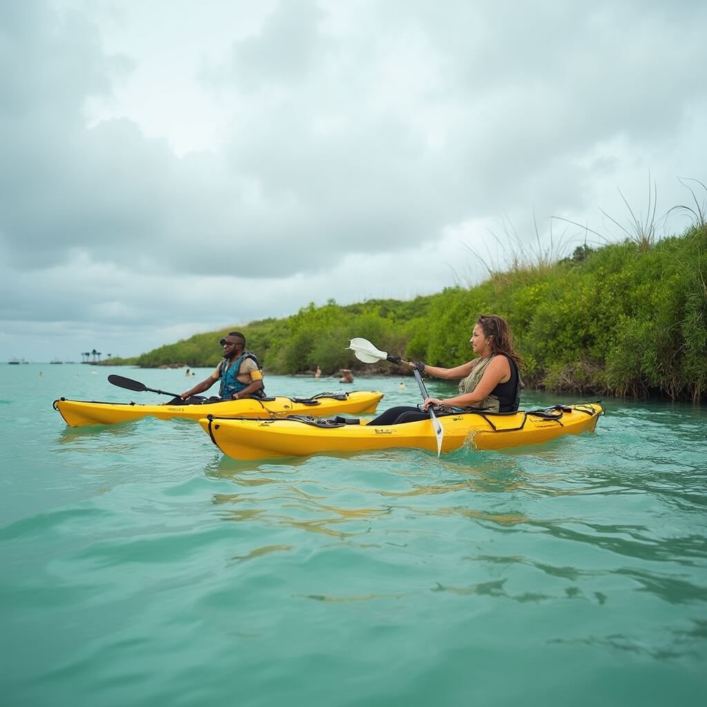 Jacksonville Beach in September: Your Ultimate Insider's Guide to Florida's Hidden Paradise Two kayakers on an eco-friendly adventure in the turquoise waters near Jacksonville Beach, surrounded by lush green coastal vegetation under a soft overcast September light, with distant seabirds contributing to the environmental conservation mood.