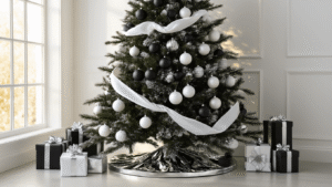 Black and White Christmas Tree: A Modern Holiday Decor Statement Cinematic shot of an elegant black flocked Christmas tree adorned with glossy white and matte black ornaments, set against a white wall, with warm golden hour lighting and a reflective silver tray, surrounded by black and white striped gift boxes.