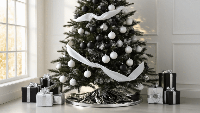 Black and White Christmas Tree: A Modern Holiday Decor Statement Cinematic shot of an elegant black flocked Christmas tree adorned with glossy white and matte black ornaments, set against a white wall, with warm golden hour lighting and a reflective silver tray, surrounded by black and white striped gift boxes.