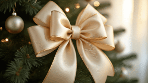 Mastering Christmas Tree Bows: The Ultimate Decorating Guide Close-up of an elegant champagne-colored satin Christmas tree bow on a noble fir, featuring intricate loops and metallic gold trim, with softly blurred twinkling lights and ornaments in the background.