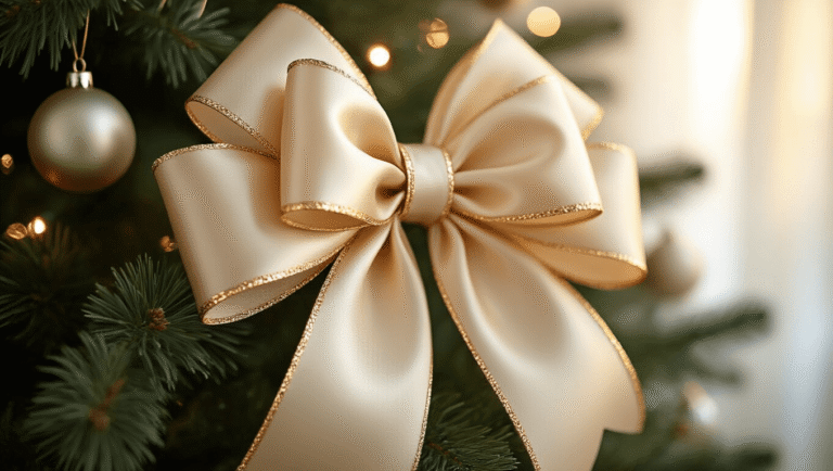 Mastering Christmas Tree Bows: The Ultimate Decorating Guide Close-up of an elegant champagne-colored satin Christmas tree bow on a noble fir, featuring intricate loops and metallic gold trim, with softly blurred twinkling lights and ornaments in the background.