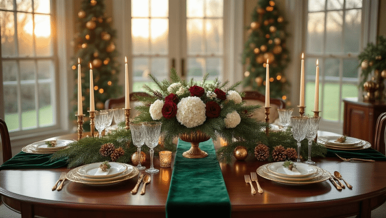 A Magical Christmas Dining Table Decor: Your Ultimate Guide to Festive Entertaining A luxurious dining room at golden hour, featuring a mahogany table adorned with a deep emerald velvet runner, dramatic evergreen and floral centerpiece, mercury glass candleholders, and vintage china, all illuminated by warm sunlight and prismatic chandelier light.