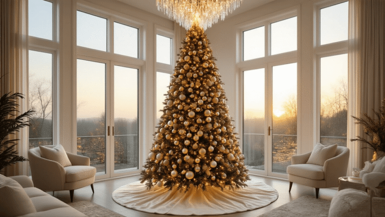Elegant Christmas Tree Decorations: Transform Your Holiday Space into a Sophisticated Wonderland Photorealistic wide-angle view of a grand living room featuring a 12-foot elegantly decorated Christmas tree, illuminated by warm white lights, with prismatic reflections from a crystal chandelier and natural golden hour light streaming through floor-to-ceiling windows.