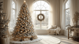 Creating a Stunning Neutral Christmas Tree: A Modern Decor Guide A photorealistic image of a grand 9ft flocked Christmas tree adorned with cream and champagne glass ornaments and wooden bead garlands, set in a modern farmhouse living room with arched windows and sheer linen curtains, highlighting warm LED lights and a luxurious ivory faux fur tree skirt, captured in soft bokeh with ambient glow and high attention to detail.