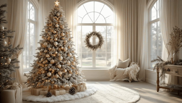 Creating a Stunning Neutral Christmas Tree: A Modern Decor Guide A photorealistic image of a grand 9ft flocked Christmas tree adorned with cream and champagne glass ornaments and wooden bead garlands, set in a modern farmhouse living room with arched windows and sheer linen curtains, highlighting warm LED lights and a luxurious ivory faux fur tree skirt, captured in soft bokeh with ambient glow and high attention to detail.