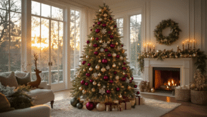 A luxurious living room featuring a tall Fraser fir Christmas tree adorned with mixed ornaments in deep burgundy, champagne gold, forest green, silver, rustic wood, and brushed copper, all illuminated by warm golden hour light. The scene includes mahogany furniture, plush velvet cushions, and scattered craft supplies, with a shallow depth of field highlighting the ornaments against a softly blurred background.