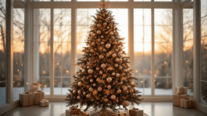 An elegantly styled 8-foot Fraser fir Christmas tree adorned with rose gold and champagne baubles, vintage glass ornaments, and warm white lights, set against a beautifully decorated room with a cream velvet tree skirt and artful gift arrangements, captured in golden hour light through large windows.
