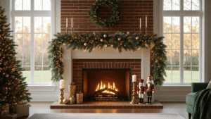 Transforming Your Fireplace into a Christmas Wonderland: The Ultimate Decor Guide Photorealistic interior of a grand living room featuring a classic brick fireplace, adorned mantel with luxury garland, warm LED lights, vintage ornaments, and nutcrackers, captured in golden hour lighting with a soft focus background.