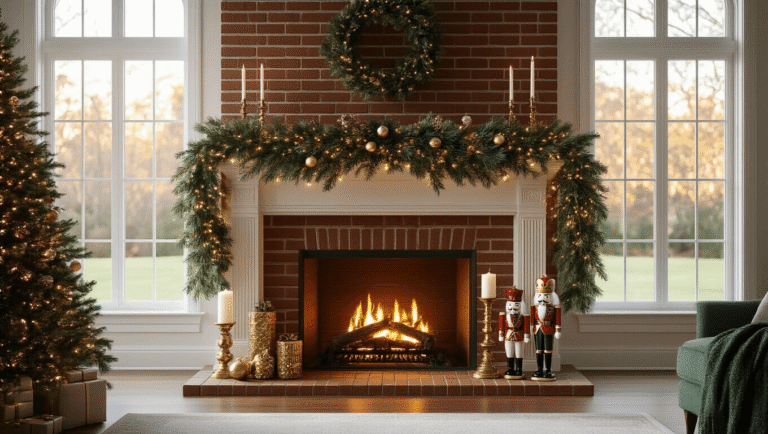 Transforming Your Fireplace into a Christmas Wonderland: The Ultimate Decor Guide Photorealistic interior of a grand living room featuring a classic brick fireplace, adorned mantel with luxury garland, warm LED lights, vintage ornaments, and nutcrackers, captured in golden hour lighting with a soft focus background.