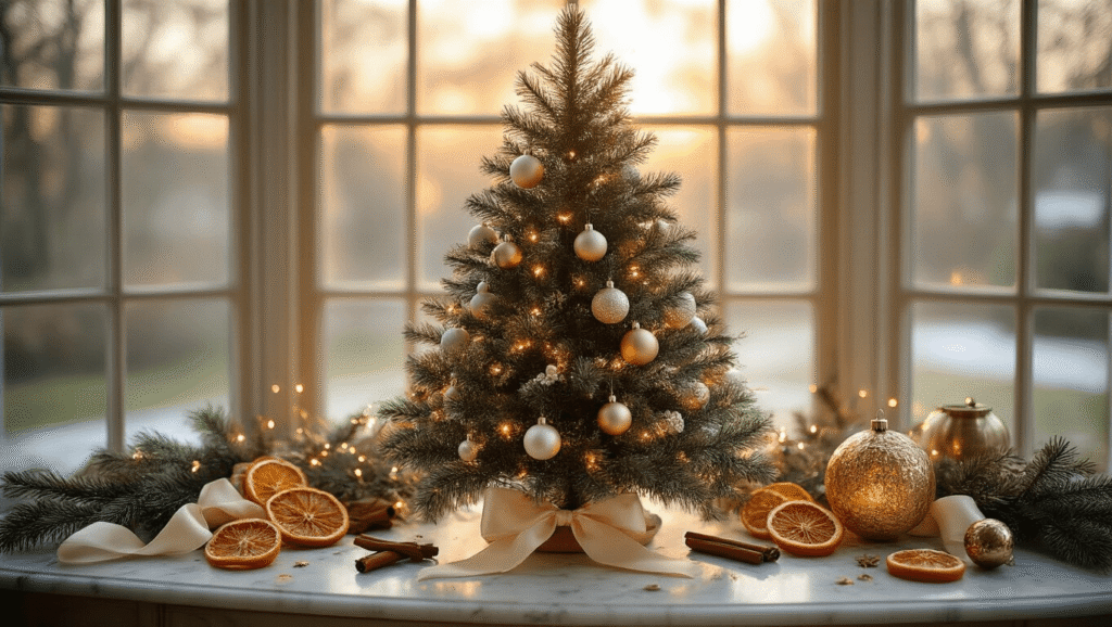 Tiny Trees, Big Holiday Magic: The Ultimate Guide to Small Christmas Tree Decor Elegant small Christmas tree on a marble console, adorned with gold and white ornaments and fairy lights, surrounded by a holiday vignette of dried orange slices, cinnamon sticks, and vintage accents, illuminated by golden hour sunlight.