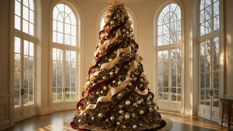 How to Transform Your Christmas Tree with Stunning Ribbon Decor: A Designer's Secret Weapon A majestic 12-foot Christmas tree adorned with luxurious ribbons in champagne, burgundy, and gold, captured in soft golden-hour light within a grand living room, featuring a cozy reading chair in the foreground.