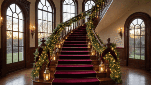 Magical Christmas Staircase Decor: Transform Your Home's Entrance into a Festive Wonderland Photorealistic wide-angle view of an elegant Victorian staircase adorned with lush pine garlands, warm white LED lights, and deep burgundy and forest green ribbons, captured during golden hour with vintage mercury glass ornaments and oversized brass lanterns illuminating the scene.