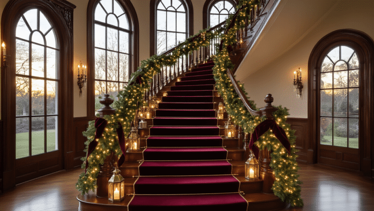 Magical Christmas Staircase Decor: Transform Your Home's Entrance into a Festive Wonderland Photorealistic wide-angle view of an elegant Victorian staircase adorned with lush pine garlands, warm white LED lights, and deep burgundy and forest green ribbons, captured during golden hour with vintage mercury glass ornaments and oversized brass lanterns illuminating the scene.