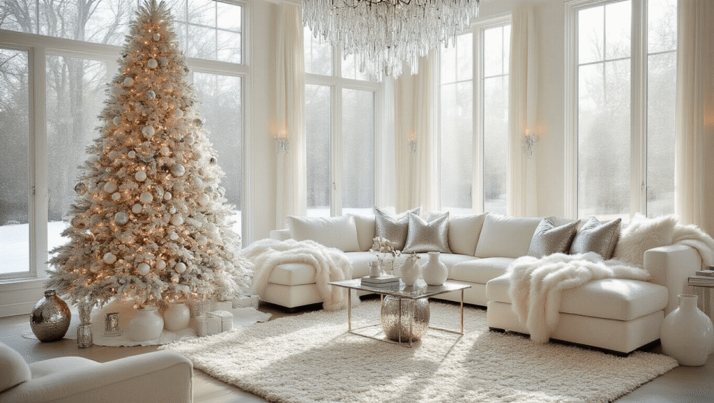 Creating a Magical White Christmas Decor: Your Ultimate Styling Guide A luxurious living room featuring a large flocked white Christmas tree, plush cream sectional sofa with ivory throws and silver pillows, a chunky knit area rug, and a weathered gray oak coffee table adorned with vintage vessels and frosted eucalyptus, all bathed in soft morning light from floor-to-ceiling windows.