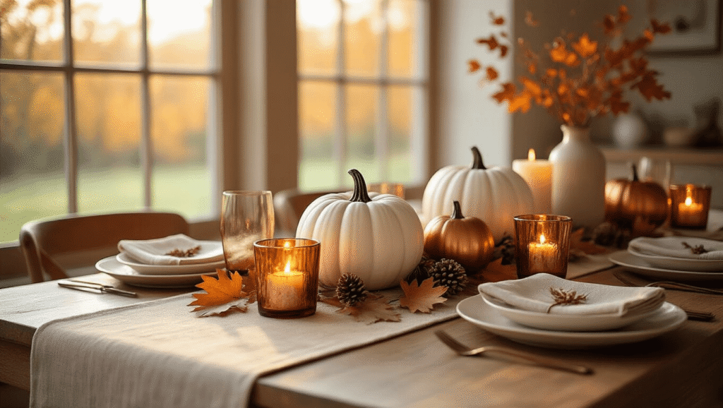 Cozy Fall Table Decor: Transform Your Dining Space in 30 Minutes Elegant fall dining table setting featuring an oak table with a beige linen runner, adorned with white ceramic and copper pumpkins, dried oak leaves, and amber glass votives, illuminated by warm afternoon sunlight.