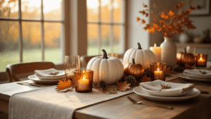 Cozy Fall Table Decor: Transform Your Dining Space in 30 Minutes Elegant fall dining table setting featuring an oak table with a beige linen runner, adorned with white ceramic and copper pumpkins, dried oak leaves, and amber glass votives, illuminated by warm afternoon sunlight.