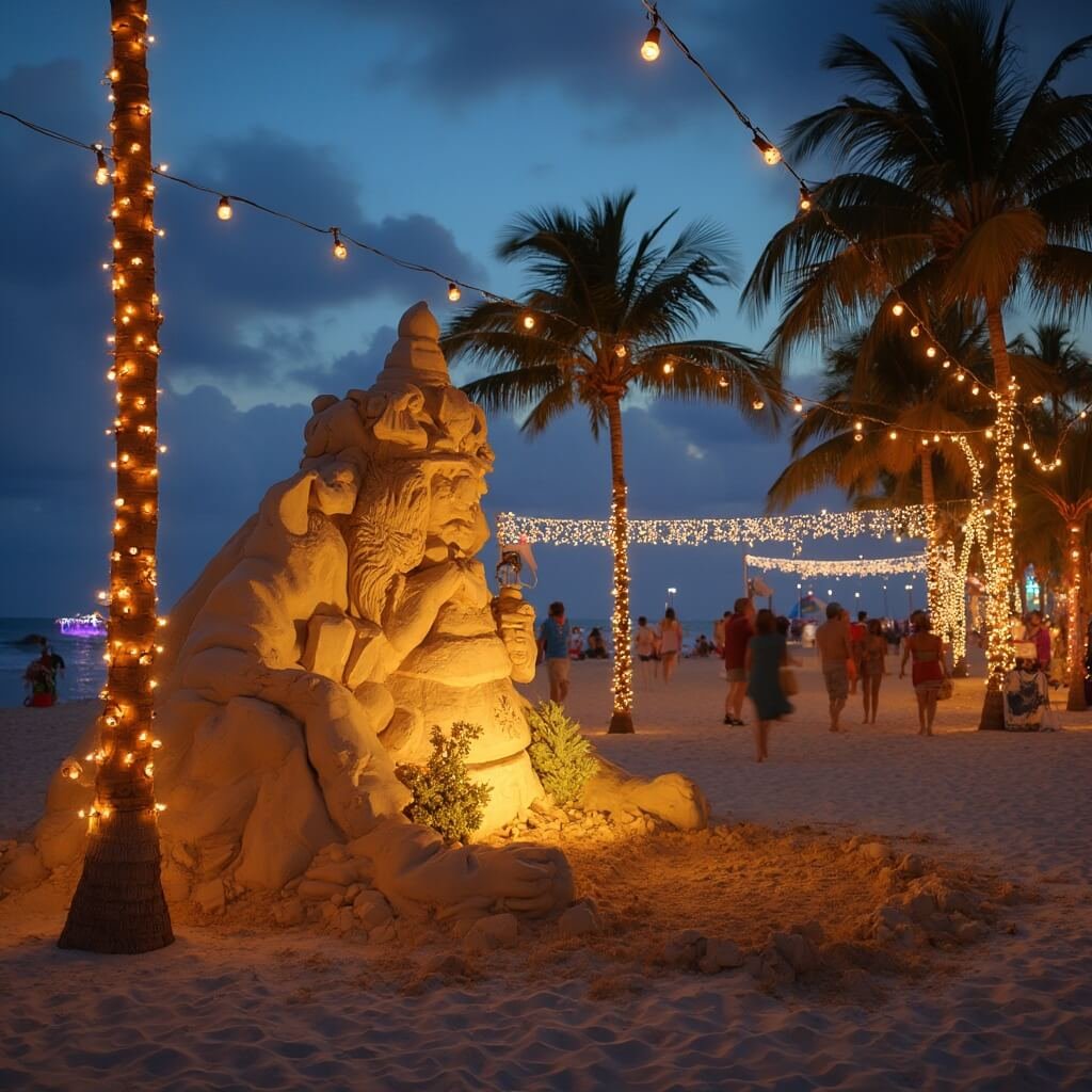 Escape the Frost: Why West Palm Beach is Your December Dream Destination Festive holiday celebration on a Florida beach featuring a large, illuminated sand sculpture of 'Sandi', adorned with twinkling string lights, surrounded by palm trees and visitors, in a warm tropical evening ambiance.
