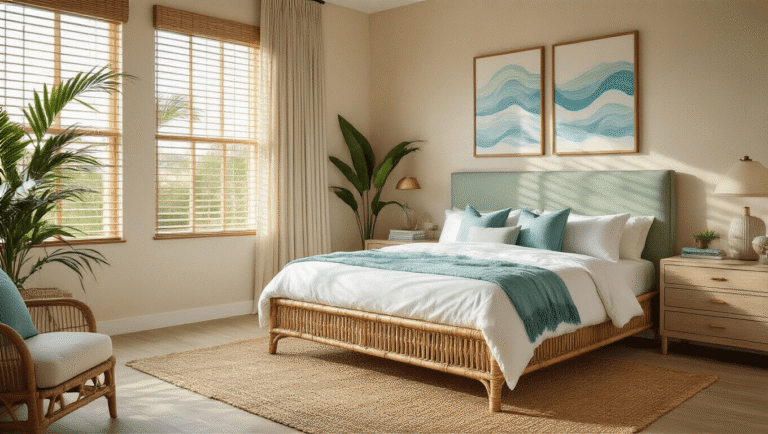 A spacious coastal bedroom in Florida, featuring a king-size rattan bed with white linens and aqua throw pillows, soft sage green headboard, light oak hardwood floors, and sandy beige walls adorned with ocean wave art, all bathed in warm morning sunlight.