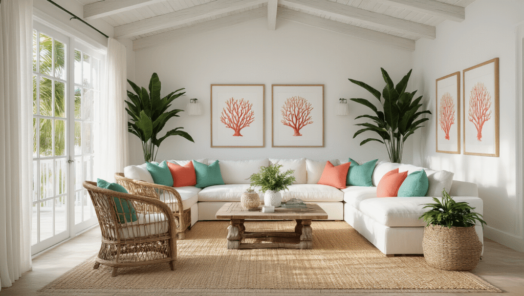 A sun-drenched Florida living room with a vaulted white ceiling and floor-to-ceiling windows, featuring a linen sectional sofa with colorful throw pillows, rattan accent chairs, a driftwood coffee table, and layered rugs, adorned with coastal decor and potted palm plants, captured in warm, natural light.