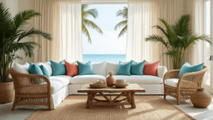 Photorealistic Florida-inspired living room with a white linen sectional, ocean blue and seafoam green pillows, rattan chairs, a driftwood coffee table, and Areca palms, bathed in soft morning sunlight, showcasing textured decor.