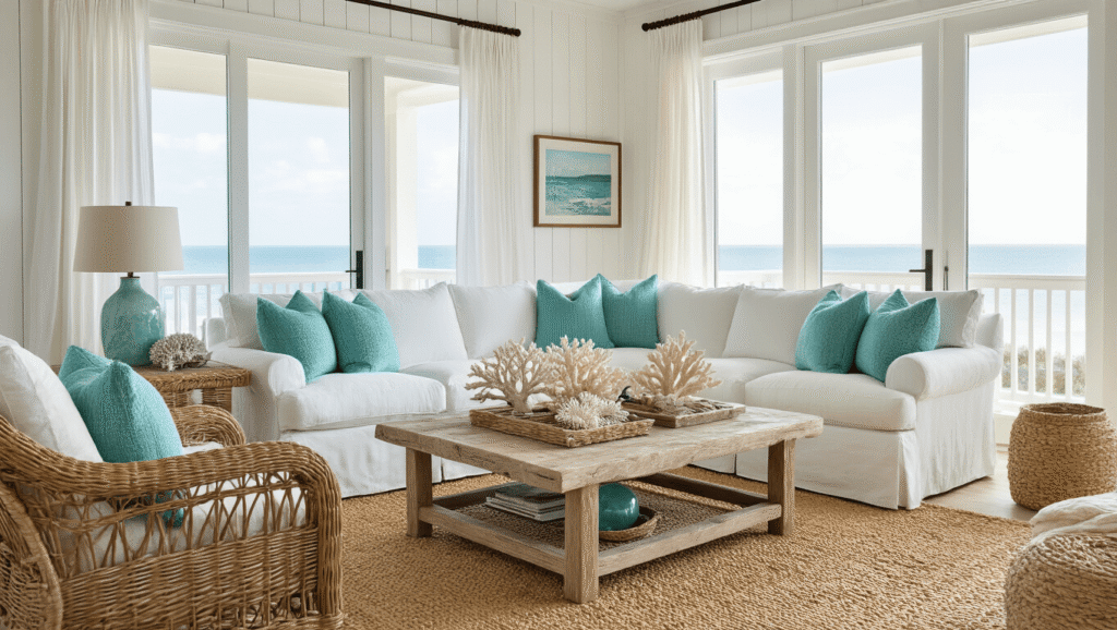 Luxurious coastal living room in Florida with white slipcovered sectional, seafoam and blue pillows, wicker chairs, driftwood coffee table, jute rugs, and large windows draped in sheer curtains, all bathed in warm golden hour light.